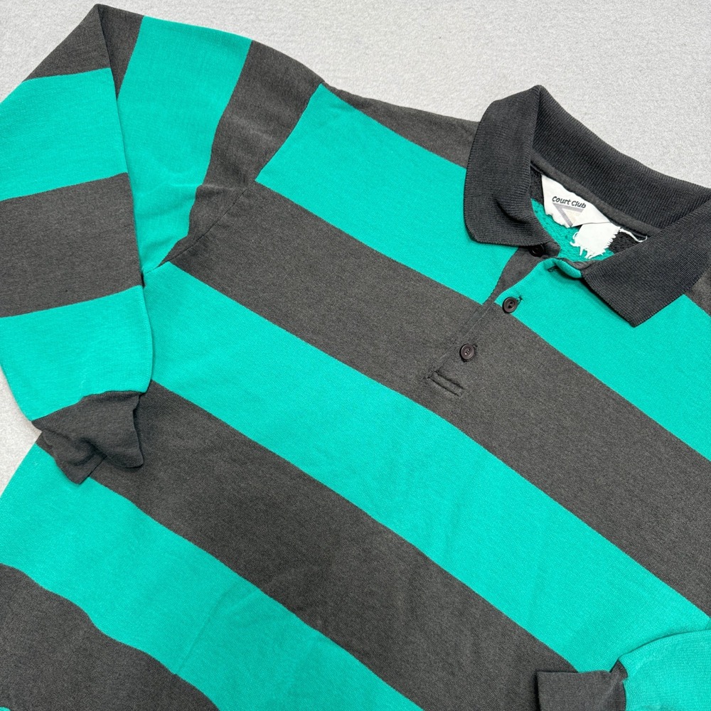 Vintage Court Club Rugby Polo Shirt Men's Small Teal Knit Striped Long Sleeve